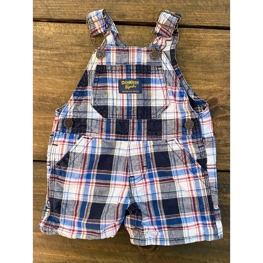 OshKosh B'gosh Plaid Vestbak Shortalls Bib Overalls Blue/Red/White Boys 6 Months